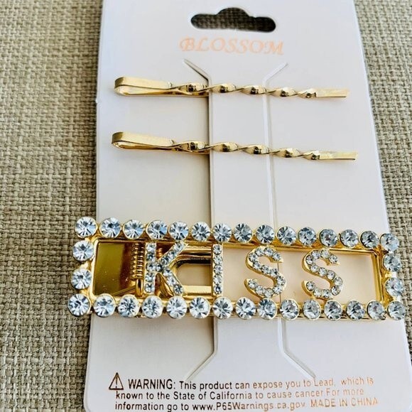 Hair clips fashion pins Rhinestone Gold Deco Hair Clips "KISS" set of 3 PCS - Picture 1 of 7